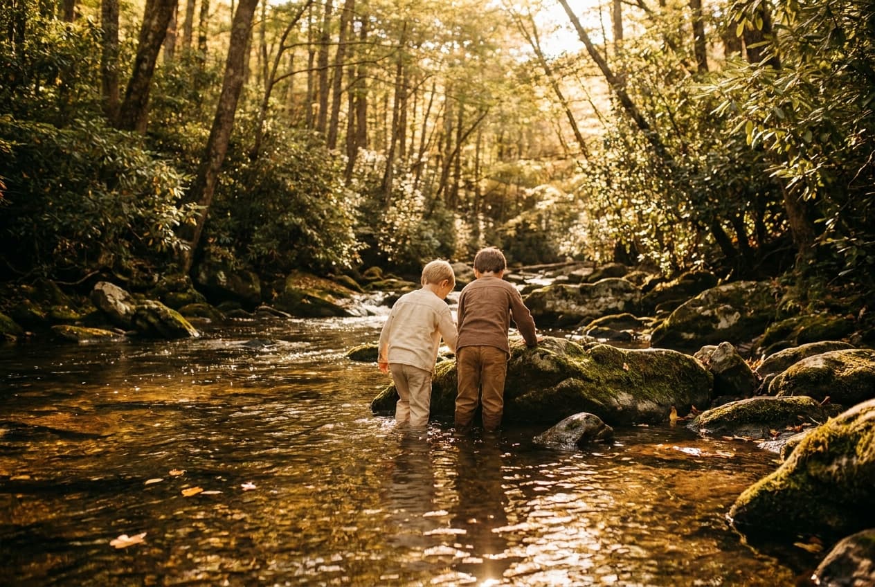 Children exploring a mountain creek in the Blue Ridge foothills