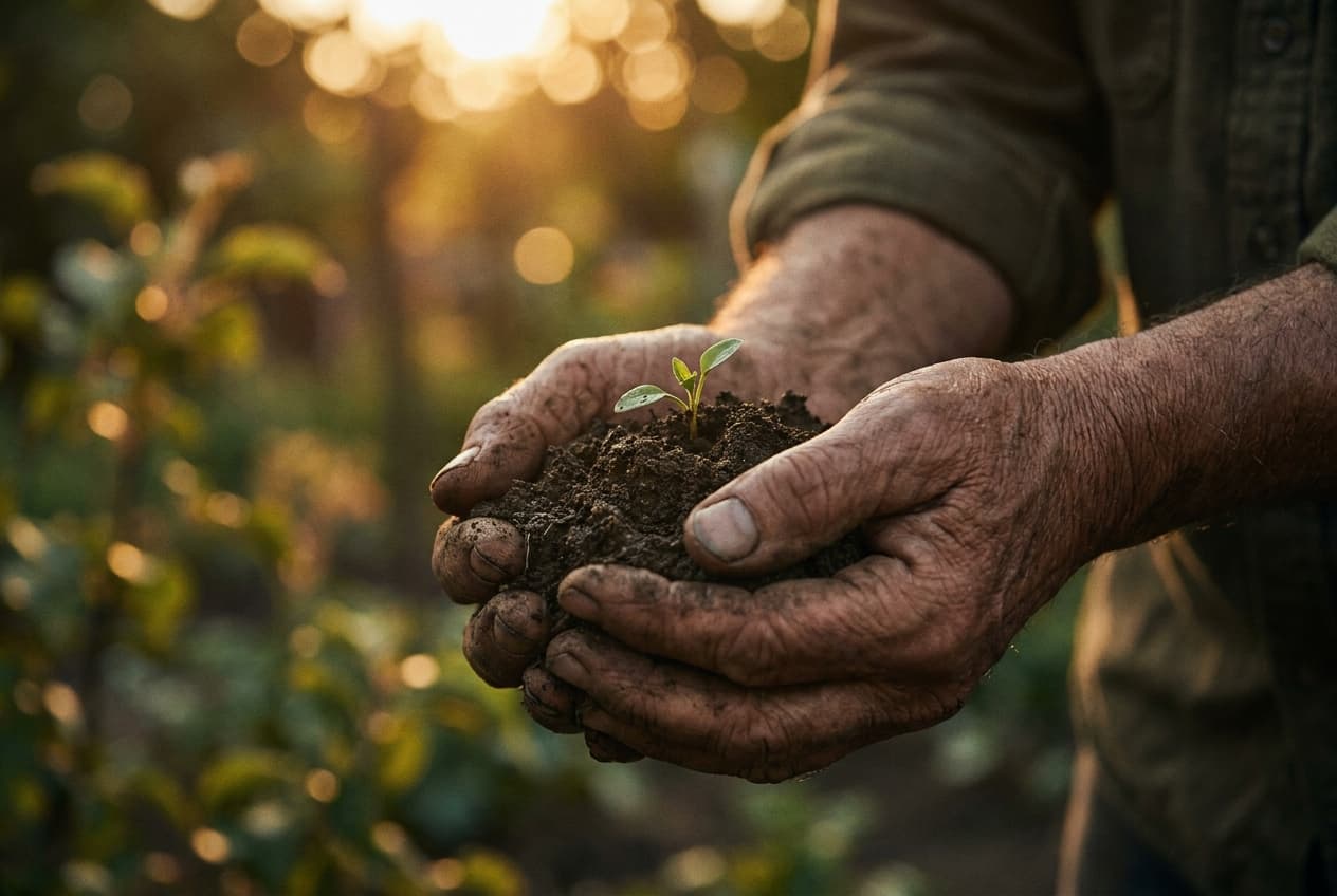 Weathered hands holding a seedling in dark soil