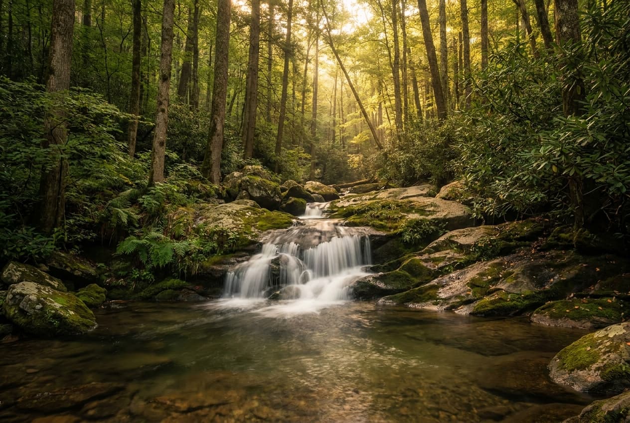 A Blue Ridge waterfall cascading through hardwood forest